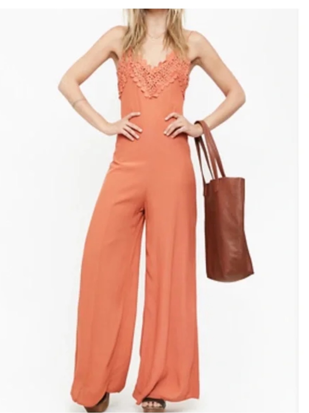 J.O.A. Los Angeles Jumpsuit Burnt Orange Embroidered Open Back Wide Leg Small